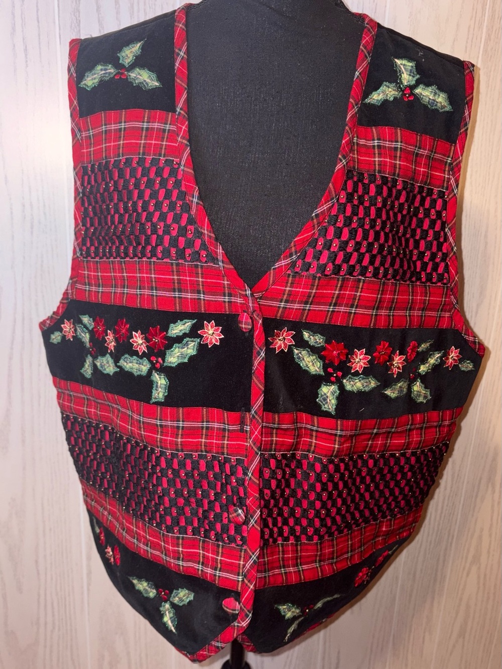 Vintage Vest Women Embroidered Christmas Winter Colorblock Plaid Red 1X READ